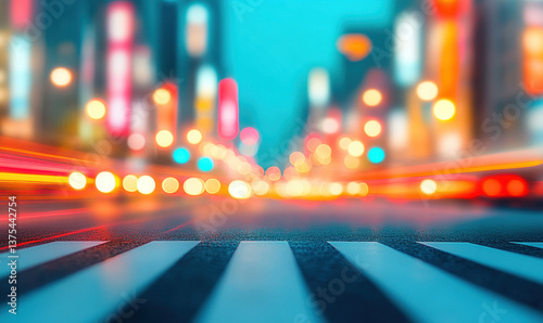 A bustling city street is frozen in time, with blurred lights and motion