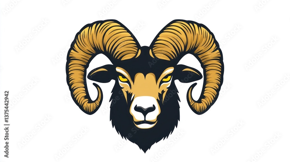 Majestic ram with golden horns and a fierce gaze against a clean white background. Can be used for emblems