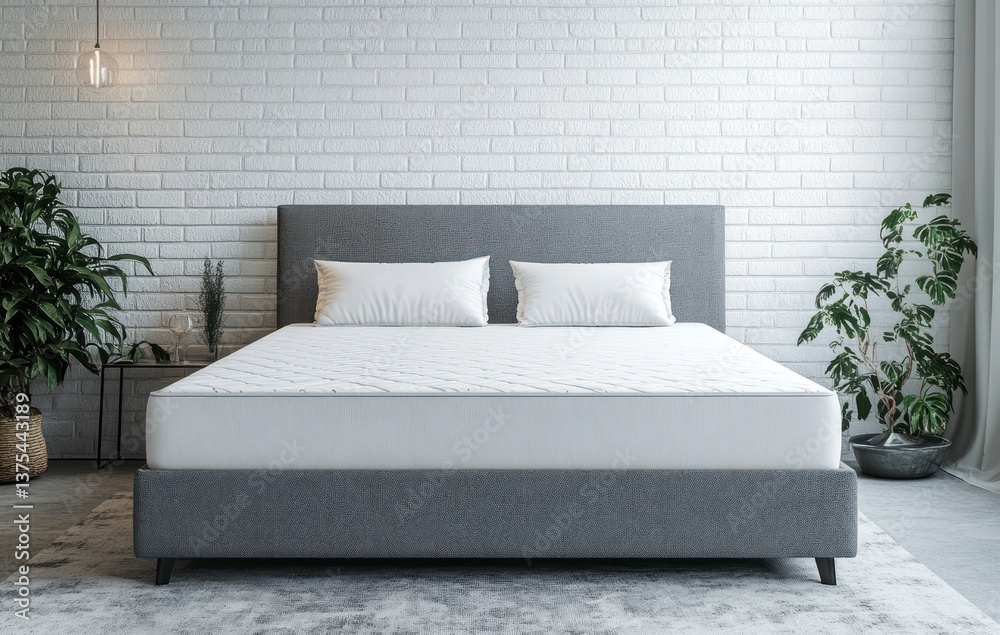 Naklejka premium Comfortable Bed with Mattress Topper and White Pillows in Cozy Bedroom