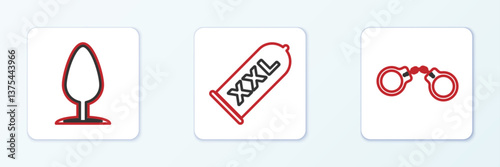 Set line Handcuffs, Anal plug and Condom safe sex icon. Vector