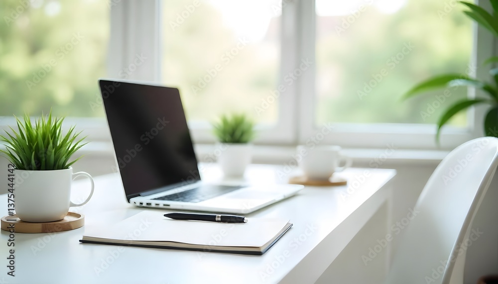 A modern and bright workspace with a laptop, notebook, and plants. A modern and bright workspace with a laptop, notebook, and plants.