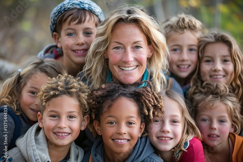 The nursery school teacher, encircled by her students, all beaming for the photo.