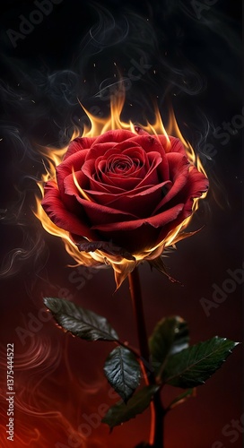 Burning Red Rose with Fiery Flames and Smoke on Dark Background  Passion, Love, and Dramatic Beauty