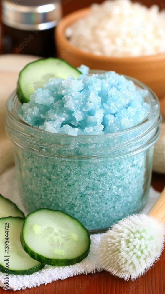 Close up of light blue sugar scrub in a glass jar, accompanied by cucumber slices and a wooden brush on a white towel. Spa treatment theme. Close up of light blue sugar scrub in a glass jar, accompanied by cucumber slices and a wooden brush on a white towel. Spa treatment theme.