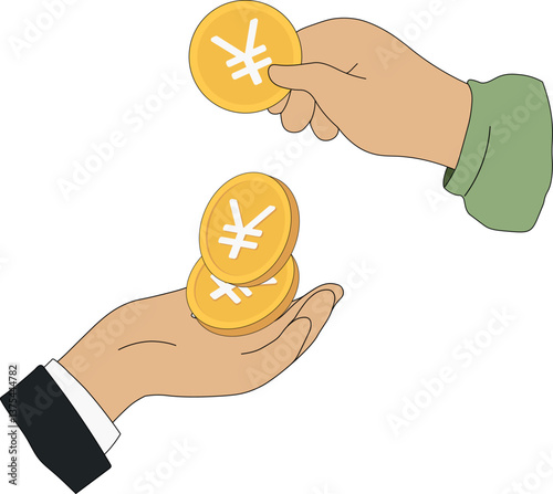 Cash in hands, gold coins yen, yuan, profit, profitable investment. Vector icons of Chinese currency, Japanese money, handing over money