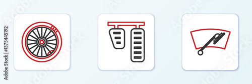 Set line Windscreen wiper, Car wheel and gas and brake pedals icon. Vector