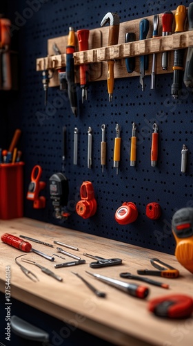A well-organized workshop showcasing a variety of plumbing and hand tools neatly arranged on a wooden workbench and pegboard wall, creating a clean and efficient workspace for