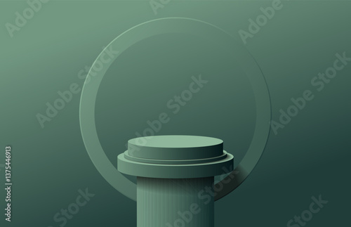 Greek or roman pillar green 3D podium pedestal with round circle shape backdrop. Minimal wall scene for mockup. 3D vector geometric form. Stage for product display presentation.