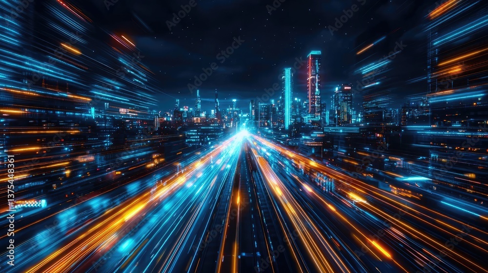 Fototapeta premium Motion blur city with futuristic panorama and cyberspace landscape concept. Dynamic city lights create a vibrant night-time motion effect.