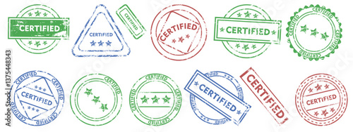 Collection of Colorful Certified Stamps. Set of colorful certified seal icons in different shapes and styles. Vector design elements for authenticity, quality assurance, and approval content.