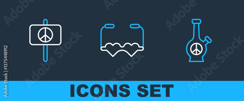 Set line Bong, Peace and Heart shaped love glasses icon. Vector