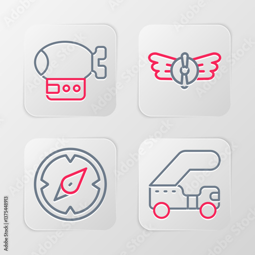 Set line Passenger ladder, Compass, Aviation emblem and Airship icon. Vector