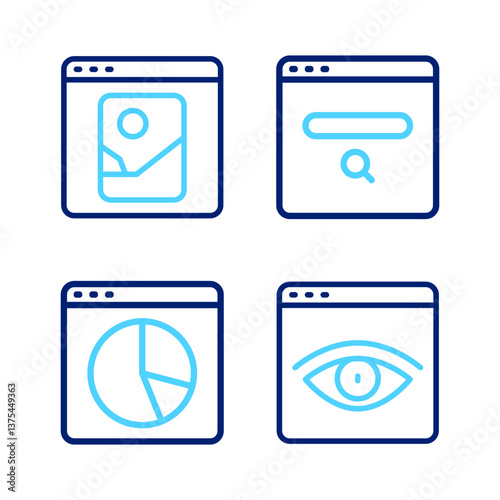 Set line Browser incognito window, Graph chart infographic, Search engine and Photo retouching icon. Vector