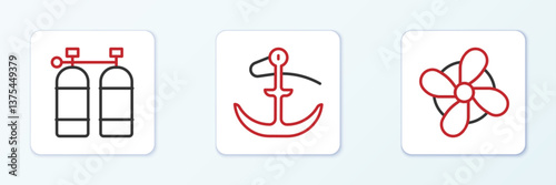 Set line Boat propeller, Aqualung and Anchor icon. Vector