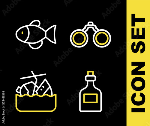 Set line Binoculars, Rum bottle, Sinking cruise ship and Fish icon. Vector
