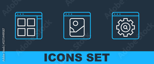 Set line Browser setting, files and Photo retouching icon. Vector
