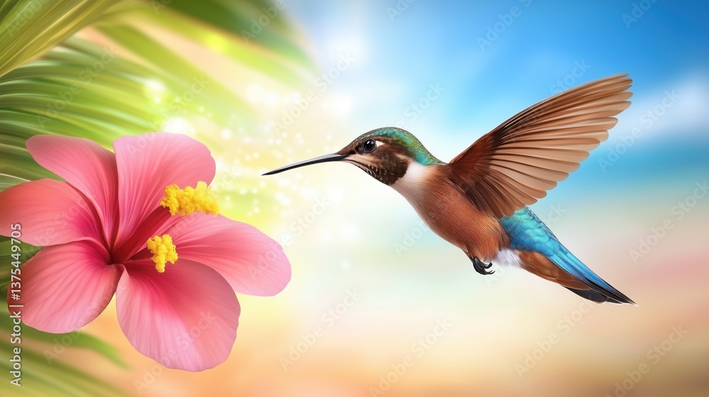 Fototapeta premium Colorful hummingbird hovering near vibrant hibiscus flower in tropical paradise setting