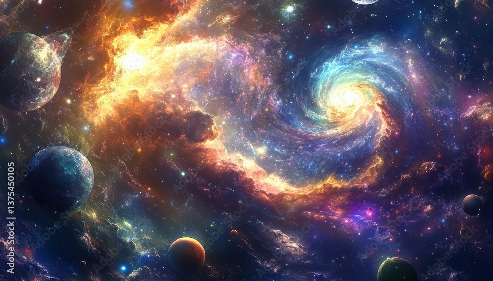 Obraz premium Cosmic Whirlpool Galaxy with Planets