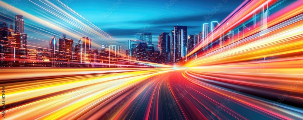 Fototapeta premium Motion blur city with futuristic skyline and digital technology concept. Dynamic city skyline with vibrant light trails at twilight.