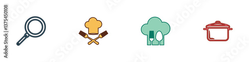 Set Frying pan, Chef hat and fork, with spoon and Cooking pot icon. Vector