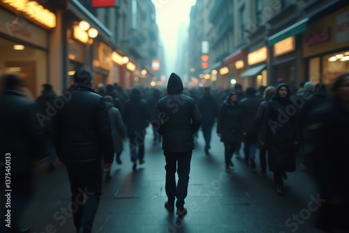 A lone figure stands still in the middle of a bustling city street, blurred crowds rushing past them
