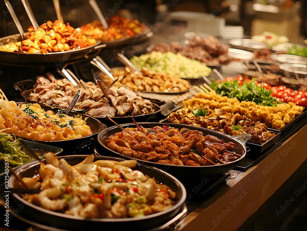 Obraz premium 7. A buffet-style dinner with a variety of dishes laid out on a long table