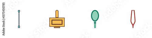 Set Cotton swab for ears, Nail polish bottle, Hand mirror and Eyebrow tweezers icon. Vector