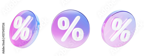 3d set of glass holographic circle sale tag or label with percent sign. Rainbow round shopping discount badge with percentage render icon. Crystal bonus, price or offer with gradient