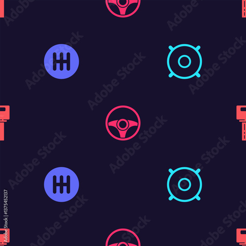 Set Car audio speaker, Gear shifter, Steering wheel and key with remote on seamless pattern. Vector