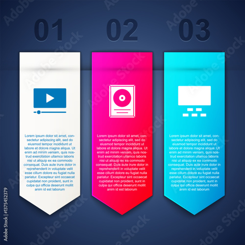 Set Online play video, CD disk award frame and Cinema auditorium with seats. Business infographic template. Vector