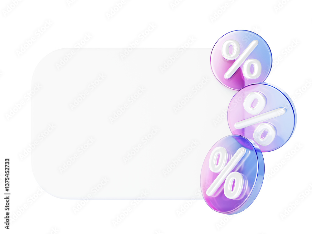 Obraz premium 3d white card mockup with glass holographic circle percent sign render. Special offer sale banner frame with label or price tag. Blank discount coupon with percentage icon, promotion
