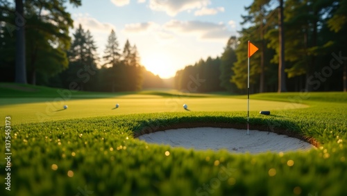 Golf balls approaching the hole on a lush green course at sunset