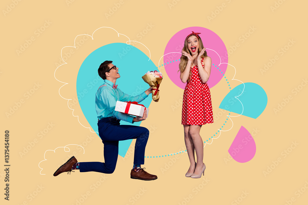 Creative trend artwork design 3D collage sketch of romantic day love relationships date couple man marriage gift young lady stand smile Creative trend artwork design 3D collage sketch of romantic day love relationships date couple man marriage gift young lady stand smile