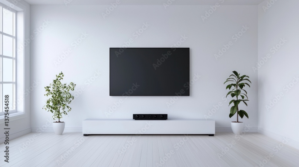 Fototapeta premium Modern audio system setup in minimalist living room featuring tv and plants