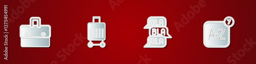 Set Briefcase, Suitcase, Speech bubble chat and Online translator icon. Vector
