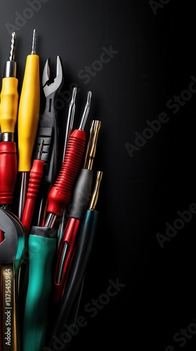 A high-angle close-up shot reveals a collection of colorful electrical tools and wires neatly arranged against a stark black background ideal for illustrating electrical work or