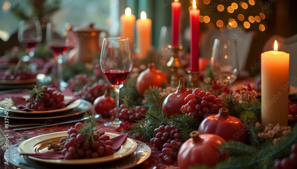 Naklejka premium Elegant holiday dining table setting adorned with candles, fruits, and festive decorations, capturing the warmth of a winter celebration in the evening light Generative AI