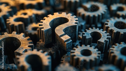 Mechanical question mark among metal gear cogs symbolizing industrial problem solving