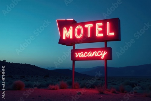 Luminous Motel Sign Beckons Travelers with Promise of Vacancy in Desolate Landscape