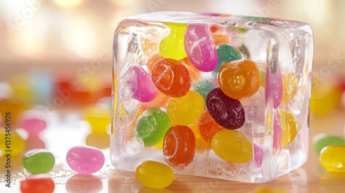 Obraz na płótnie Colorful candies in ice cube on table w salonie