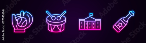 Set line Baseball glove with ball, Drum and drum sticks, United States Capitol Congress and Champagne bottle. Glowing neon icon. Vector