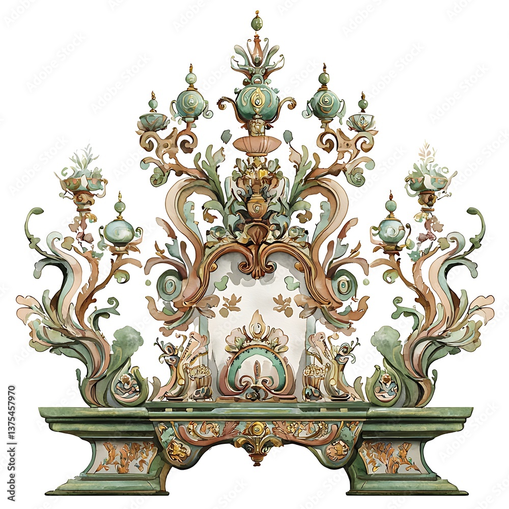 Ornate Baroque-Style Architectural Design Element Intricate Floral and Scrollwork Detail. Ornate Baroque-Style Architectural Design Element Intricate Floral and Scrollwork Detail.