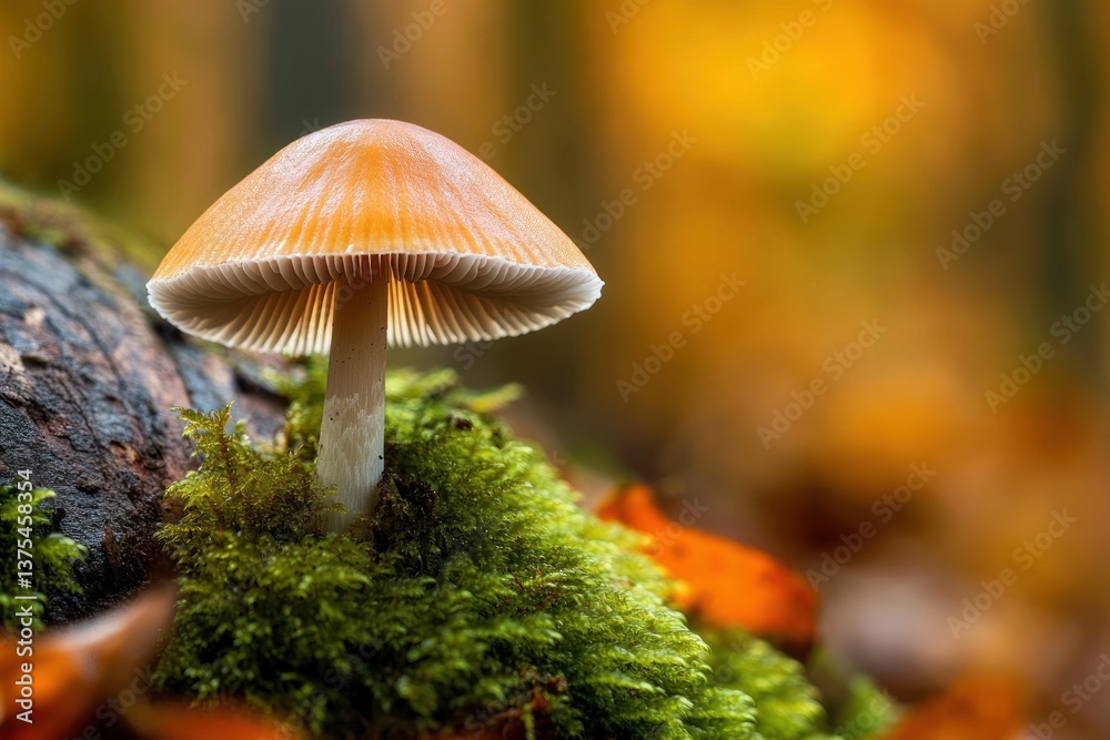 Fototapeta premium Common Bonnet Mushroom Closeup in Autumn Forest with Moss and Vibrant Colors