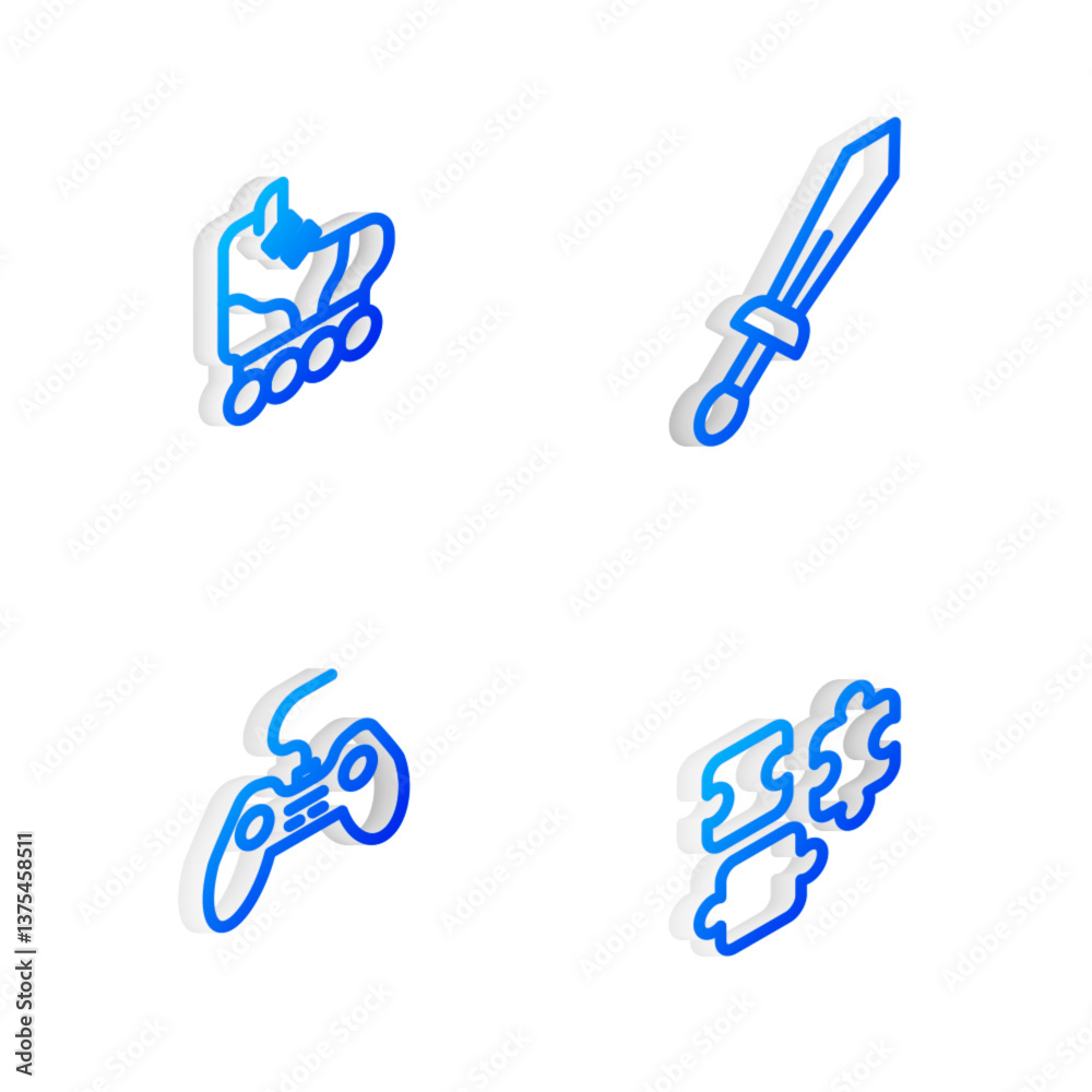 Set Isometric line Sword toy, Roller skate, Gamepad and Puzzle pieces icon. Vector Set Isometric line Sword toy, Roller skate, Gamepad and Puzzle pieces icon. Vector