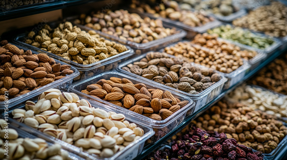 A display of various nuts and dried fruits arranged in clear plastic containers on shelves in a market A display of various nuts and dried fruits arranged in clear plastic containers on shelves in a market