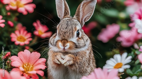 Obraz na płótnie Cute bunny in flower garden w salonie