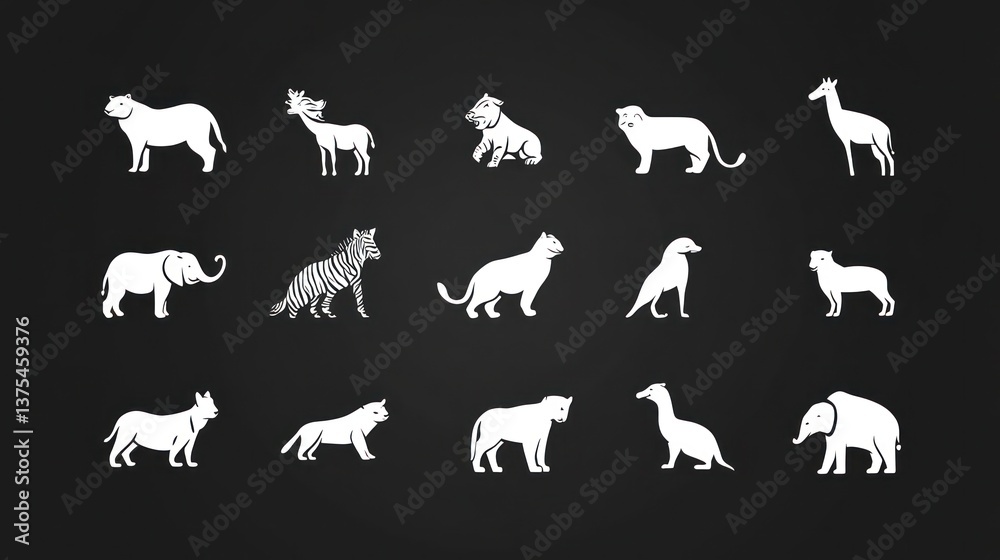 Fototapeta premium African wildlife icons; safari animals; dark background; zoology; educational resource
