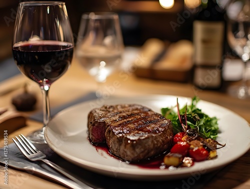 42. A fine-dining steak dinner with red wine and elegant plating