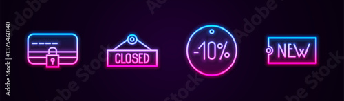 Set line Credit card with lock, Hanging sign Closed, Ten discount percent tag and Price text New. Glowing neon icon. Vector
