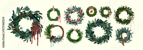 Christmas wreaths set. Festive Xmas decoration. Winter holiday ornament, roun...